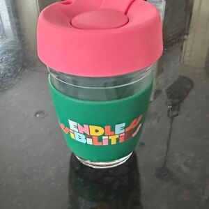 NWT ban.do glass “Endless Possibilities” Heat Proof Reusable 12 oz coffee cup